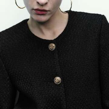 URBAN REVIVO Women's Cropped Crew Neck Casual Tweed Blazer Elegant Slim Work Office Long Sleeve Jacket with Fake Pockets Black