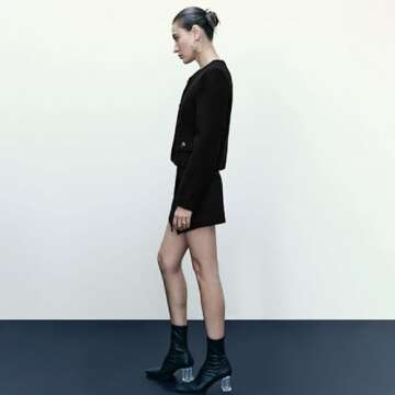 URBAN REVIVO Women's Cropped Crew Neck Casual Tweed Blazer Elegant Slim Work Office Long Sleeve Jacket with Fake Pockets Black