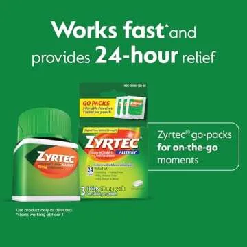 Zyrtec 24 Hour Allergy Relief Tablets, Indoor & Outdoor Allergy Medicine with 10 mg Cetirizine HCl Antihistamine for Allergies, Bundle of one, 30 ct Bottle & Three,1 ct Travel Packs