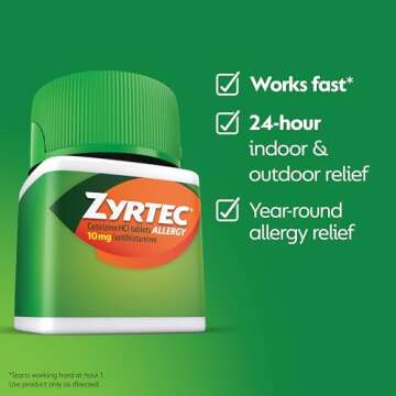 Zyrtec 24 Hour Allergy Relief Tablets, Indoor & Outdoor Allergy Medicine with 10 mg Cetirizine HCl Antihistamine for Allergies, Bundle of one, 30 ct Bottle & Three,1 ct Travel Packs