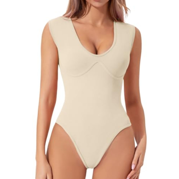 Chic QINSEN Women's Plunging U Neck Cap Sleeve Bodysuit