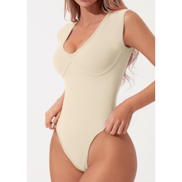 Chic QINSEN Women's Plunging U Neck Cap Sleeve Bodysuit