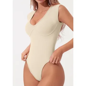 Chic QINSEN Women's Plunging U Neck Cap Sleeve Bodysuit