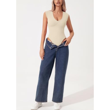 Chic QINSEN Women's Plunging U Neck Cap Sleeve Bodysuit