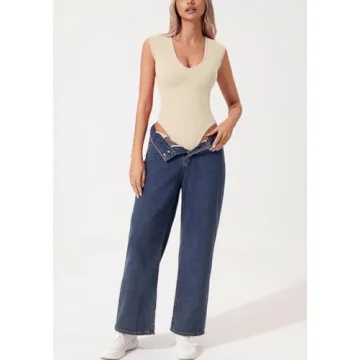 Chic QINSEN Women's Plunging U Neck Cap Sleeve Bodysuit