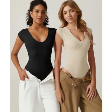 Chic QINSEN Women's Plunging U Neck Cap Sleeve Bodysuit