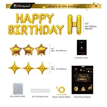iPartycool 24pcs Happy Birthday Balloons, Birthday Decorations, 3D Gold Premium Foil Letter Happy Birthday Banner with 6pcs Star Balloons for Kids Men Women Adults Birthday Party Decorations Supplies