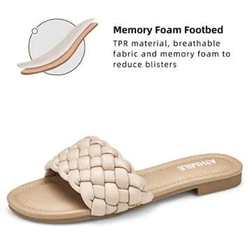ATHMILE Braided Womens Sandals Round Open Toe Fashion Slide Sandals Women Dressy Summer Flat Beach Nude Size 8