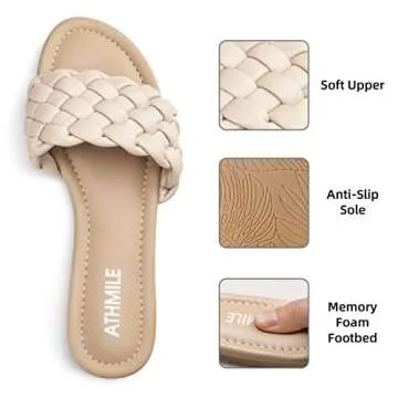ATHMILE Braided Womens Sandals Round Open Toe Fashion Slide Sandals Women Dressy Summer Flat Beach Nude Size 8