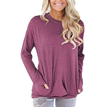 Hisweet Women's Casual Tunic Shirt Long Sleeve Tops Loose Comfy Sweatshirt (Purple, Medium)