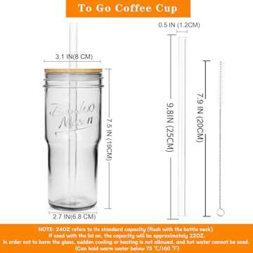 ANOTION Glass Cups with Lids and Straws 4 Packs, 24oz Travel Coffee Mug Bamboo Mason Jar Valentines ...