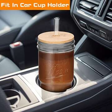 ANOTION Glass Cups with Lids and Straws 4 Packs, 24oz Travel Coffee Mug Bamboo Mason Jar Valentines Party Iced Coffee Cup Smoothie Cup Glass Tumbler Tea Cup Clear Cute Water Cups Drinking Jars Glasses