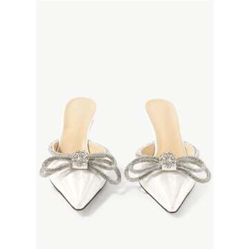 Lnsshee Women's Closed Pointed Toe Pumps Glitter Rhinestone Backless Heels Bowknot Low Kitten Heeled Sandals Wedding Summer Dress Shoes