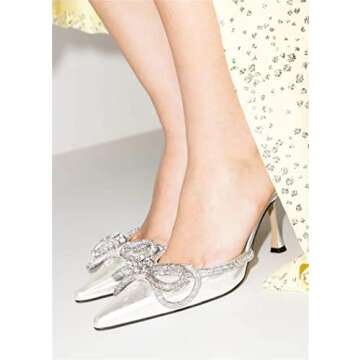 Lnsshee Women's Closed Pointed Toe Pumps Glitter Rhinestone Backless Heels Bowknot Low Kitten Heeled Sandals Wedding Summer Dress Shoes