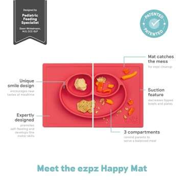 ezpz Happy Mat - 24 Months+ (Coral) - 100% Silicone Suction Plate with Built-in Placemat for Toddler...