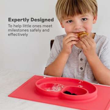 ezpz Happy Mat - 24 Months+ (Coral) - 100% Silicone Suction Plate with Built-in Placemat for Toddlers + Preschoolers - Divided Toddler Plates - Toddler Essentials…