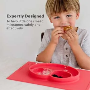 ezpz Happy Mat - 24 Months+ (Coral) - 100% Silicone Suction Plate with Built-in Placemat for Toddlers + Preschoolers - Divided Toddler Plates - Toddler Essentials…
