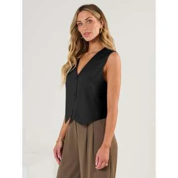 AUTOMET Vest for Women Summer Tops Spring Outfits Linen 2025 Fashion Button Down Sleeveless Business Casual Dressy Clothes Black L