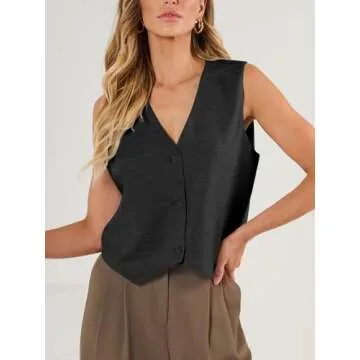 AUTOMET Vest for Women Summer Tops Spring Outfits Linen 2025 Fashion Button Down Sleeveless Business Casual Dressy Clothes Black L