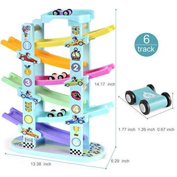 KMiKE Wooden Race Track Car Ramp Racer with 6 Mini Cars for Toddler Toys, 1 2 3 4 Year Old Boy Girl Christmas Birthday Gifts