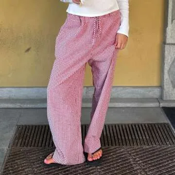 Women Y2K Striped Wide Leg Lounge Pants Loose Fit Elastic Waist Plaid Pinstripe Trousers Going Out Pants Streetwear (Red, XL)