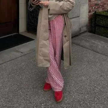 Women Y2K Striped Wide Leg Lounge Pants Loose Fit Elastic Waist Plaid Pinstripe Trousers Going Out Pants Streetwear (Red, XL)