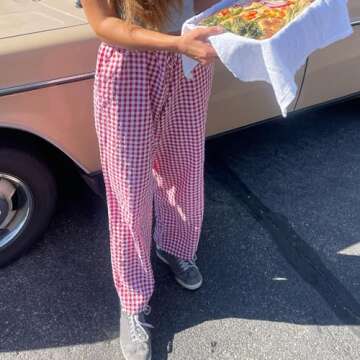 Women Y2K Striped Wide Leg Lounge Pants Loose Fit Elastic Waist Plaid Pinstripe Trousers Going Out Pants Streetwear (Red, XL)