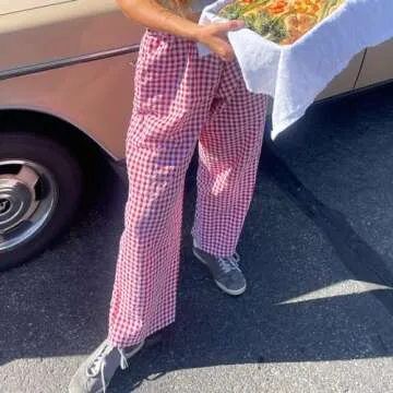 Women Y2K Striped Wide Leg Lounge Pants Loose Fit Elastic Waist Plaid Pinstripe Trousers Going Out Pants Streetwear (Red, XL)