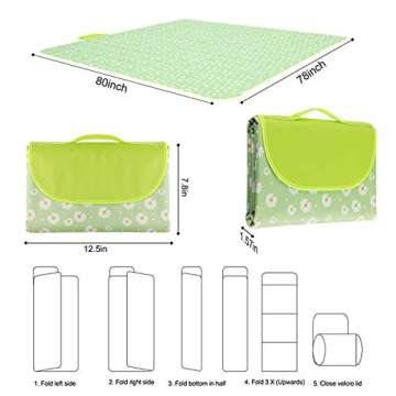 Beach Blanket Sandproof 80''x78'' Picnic Mat/Blanket Waterproof Foldable Beach Mat Outdoor Extra Large Foldable Camping Blanket for Beach Grass Travel Camping Park (Green, Daisy)