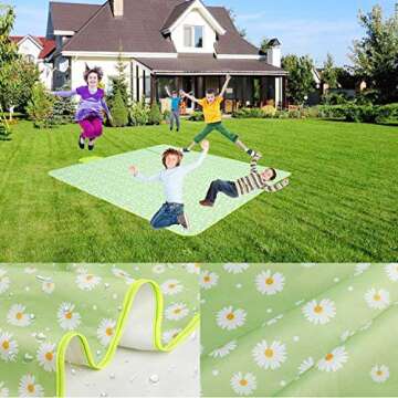 Beach Blanket Sandproof 80''x78'' Picnic Mat/Blanket Waterproof Foldable Beach Mat Outdoor Extra Large Foldable Camping Blanket for Beach Grass Travel Camping Park (Green, Daisy)