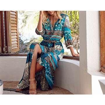 R.Vivimos Women's Summer Boho Button Up V Neck Floral Print Roll Up Causal Split Beach Midi Dresses (Medium, Green)