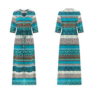 R.Vivimos Women's Summer Boho Button Up V Neck Floral Print Roll Up Causal Split Beach Midi Dresses (Medium, Green)