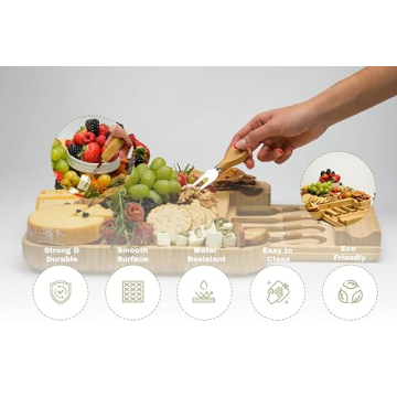 Demin Design Bamboo Cheese Board Charcuterie Board Gift Set - House Warming Gifts New Home, Wedding Gifts for Couple, Bridal Shower Gift, Christmas Gift, Mother's Day Gift, Valentine's Day Gift