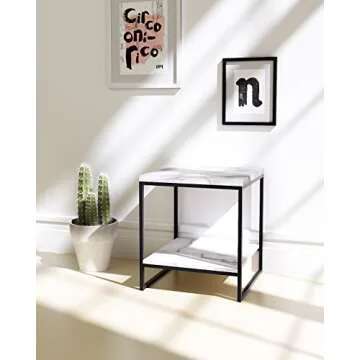 Tilly Lin Faux Marble Side Table, White Marble Small Coffee Table with Storage, 2-Tier End Table for Living Room, Nightstand for Bedroom (White, Black)