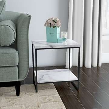 Tilly Lin Faux Marble Side Table, White Marble Small Coffee Table with Storage, 2-Tier End Table for Living Room, Nightstand for Bedroom (White, Black)