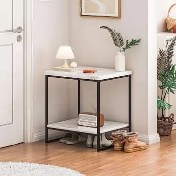 Tilly Lin Faux Marble Side Table, White Marble Small Coffee Table with Storage, 2-Tier End Table for Living Room, Nightstand for Bedroom (White, Black)