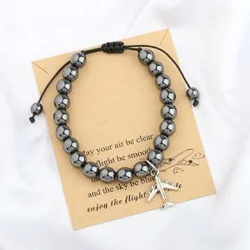 FUSTMW Airplane Bracelet Aircraft Pendant Flight Attendant Jewelry New Pilot Graduation Gifts for Aviation Traveler Fly Safe Gifts（Black）