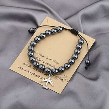 FUSTMW Airplane Bracelet Aircraft Pendant Flight Attendant Jewelry New Pilot Graduation Gifts for Aviation Traveler Fly Safe Gifts（Black）