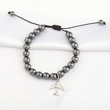 FUSTMW Airplane Bracelet Aircraft Pendant Flight Attendant Jewelry New Pilot Graduation Gifts for Aviation Traveler Fly Safe Gifts（Black）