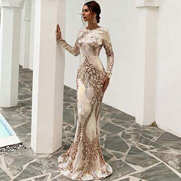 Miss ord Women's Elegant Long Sleeve Backless Sequin Prom Dress, Floor-Length Mermaid Maxi Gown Gold