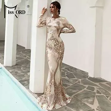 Miss ord Women's Elegant Long Sleeve Backless Sequin Prom Dress, Floor-Length Mermaid Maxi Gown Gold