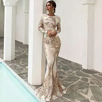 Miss ord Women's Elegant Long Sleeve Backless Sequin Prom Dress, Floor-Length Mermaid Maxi Gown Gold
