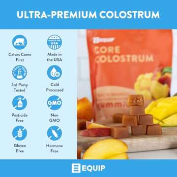 Equip Foods Core Colostrum Gummies | Delicious and Convenient | 1g Ultra-Premium Grass Fed Colostrum Per Serving | Gut Health, Immunity, Hair and Skin | 60 Gummies, 30 Servings, Peach Mango