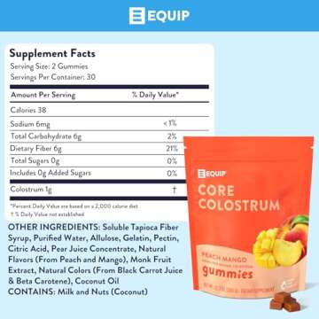 Equip Foods Core Colostrum Gummies | Delicious and Convenient | 1g Ultra-Premium Grass Fed Colostrum Per Serving | Gut Health, Immunity, Hair and Skin | 60 Gummies, 30 Servings, Peach Mango