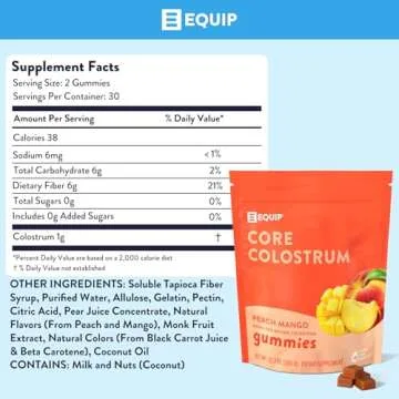 Equip Foods Core Colostrum Gummies | Delicious and Convenient | 1g Ultra-Premium Grass Fed Colostrum Per Serving | Gut Health, Immunity, Hair and Skin | 60 Gummies, 30 Servings, Peach Mango