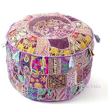 Eyes of India - Embroidered Patchwork Round Ottoman Pouf Pouffe Cover Floor Seating Boho Chic Bohemi...