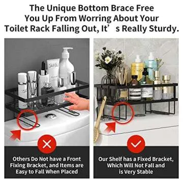 Godboat Bathroom Organizers and Storage - Over Toilet Storage, Bathroom Shelves with 2 Hooks, Wall Mounted Toilet Shelf Rack, Behind and Above the Toilet Organizer, Gifts for Women (Black, 1-Tier)
