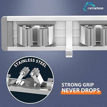reliahom Broom Holder Mop Hanger Wall Mount Metal Organization Garage Storage System Garden Kitchen Tool Organizer(5 Racks with 4 Hooks, Silver)