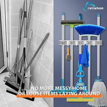 reliahom Broom Holder Mop Hanger Wall Mount Metal Organization Garage Storage System Garden Kitchen Tool Organizer(5 Racks with 4 Hooks, Silver)
