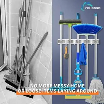 reliahom Broom Holder Mop Hanger Wall Mount Metal Organization Garage Storage System Garden Kitchen Tool Organizer(5 Racks with 4 Hooks, Silver)